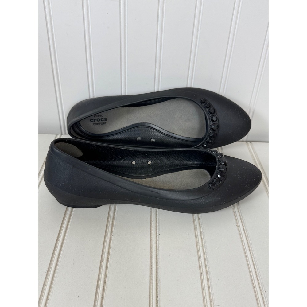 Crocs Embellished Flat Women Size W9 Black Bling Gemstone Slip On Beach Travel